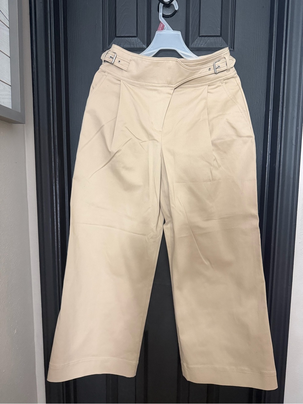 Express Beige High-Waist Wide-Leg Pants with Side Buckles